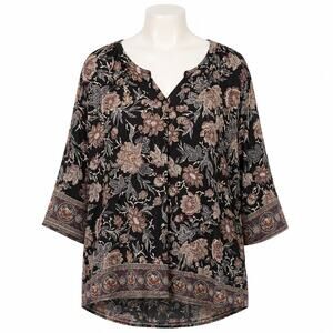 Lucky Brand Boho Tunic Black Floral Paisley - Hi Low 3/4 Sleeve - Black - 3X